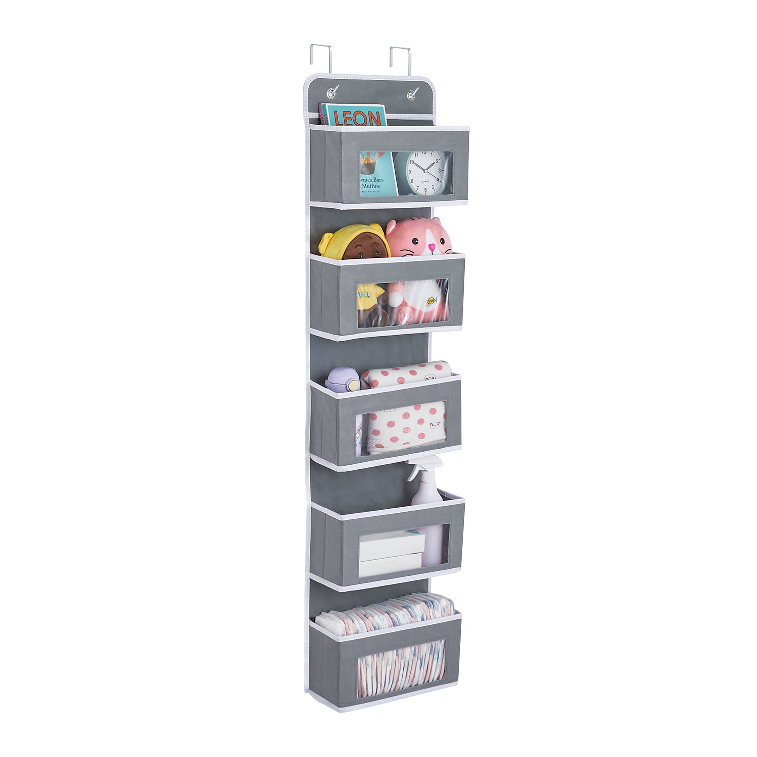 5-Shelf Over The Door Hanging Organizer with 2 Metal Hooks, Door Wall Mount Storage with Clear Windows Bn-link