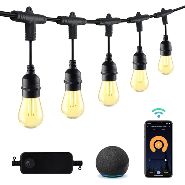 BN-LINK 96FT Outdoor String Lights-Smart Outside String lights-30 LED Bulbs Dimmable & Shatterproof, 2.4 GHz Wi-Fi & Bluetooth App Control, Works