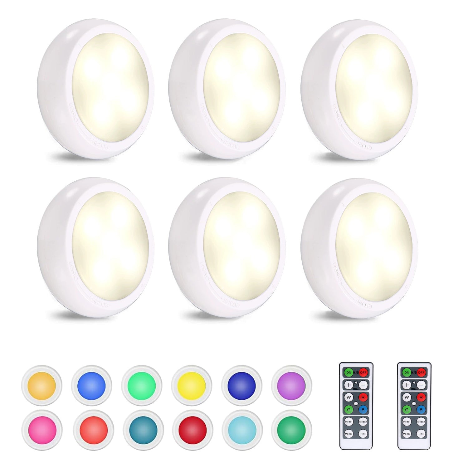 6 Pack LED Cabinet Lights with Remote, Battery Operated Wireless Puck Lights, 3 Colors & 4 Brightness Levels, Tap Push Night Lights Bn-link