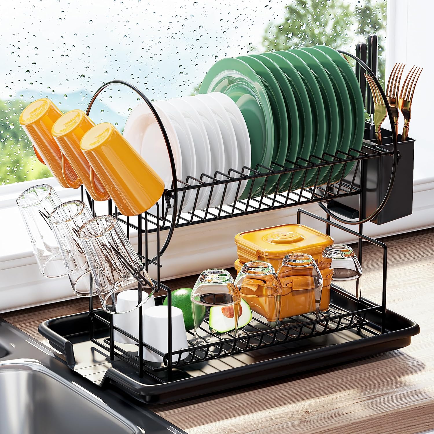 2 Tier Dish Drying Rack for Kitchen Counter with Drainboard Bn link