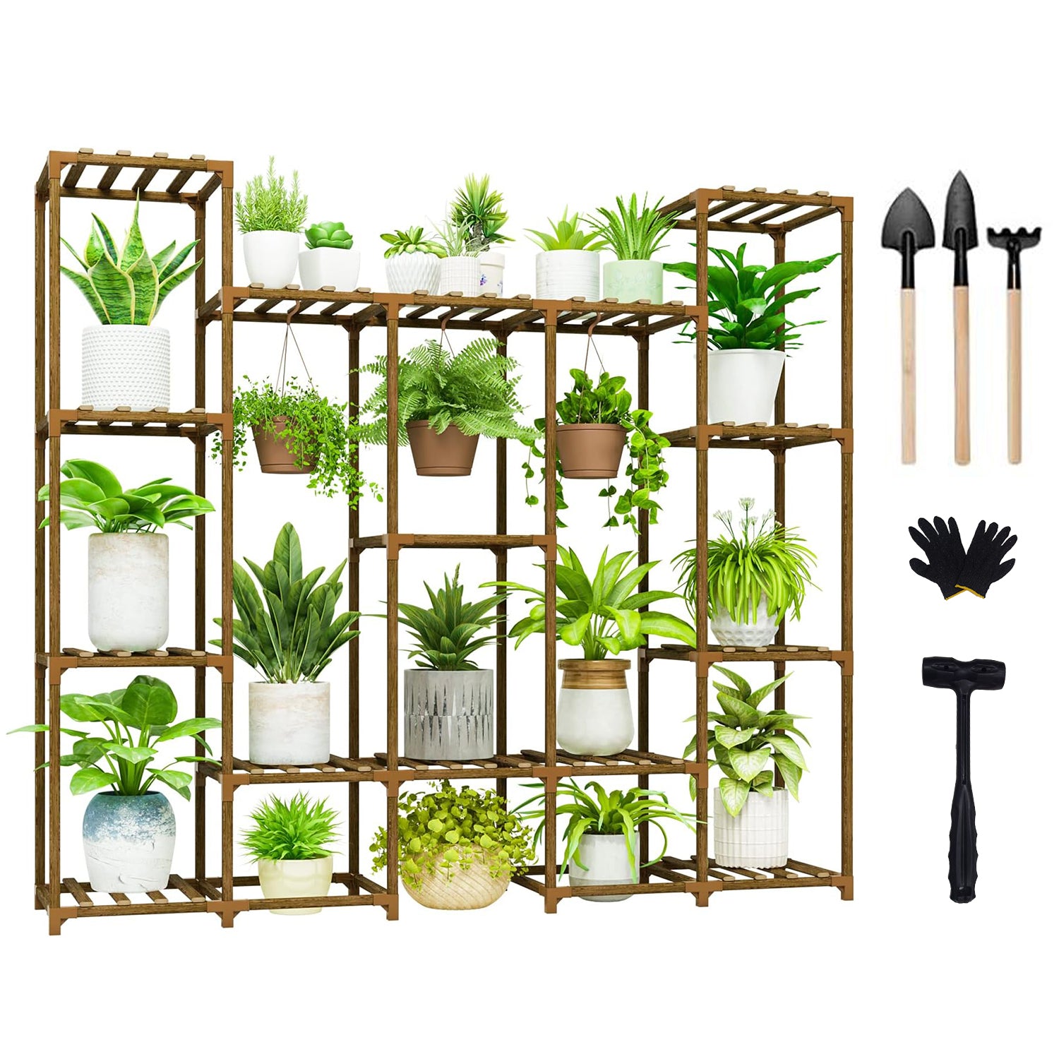 Wood Plant Stand Indoor Outdoor, Wood Plant Shelf with 3 Tier Ladder & 7 Pots, Corner Plant Stand Bn-link