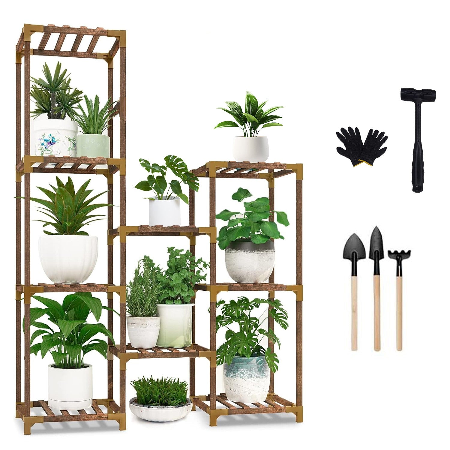 Wood Plant Stand Indoor Outdoor, Wood Plant Shelf with 3 Tier Ladder & 7 Pots, Corner Plant Stand Bn-link