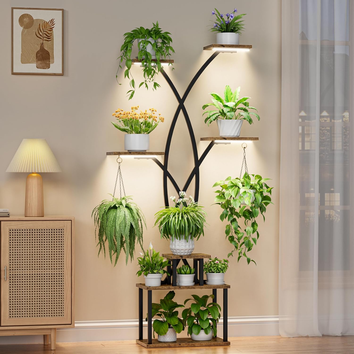 Plant Stand with Adjustable Grow Lights, 7 Tiered Indoor Metal Plant Shelf, 66" Tall Plant Flower Holder Bn-link