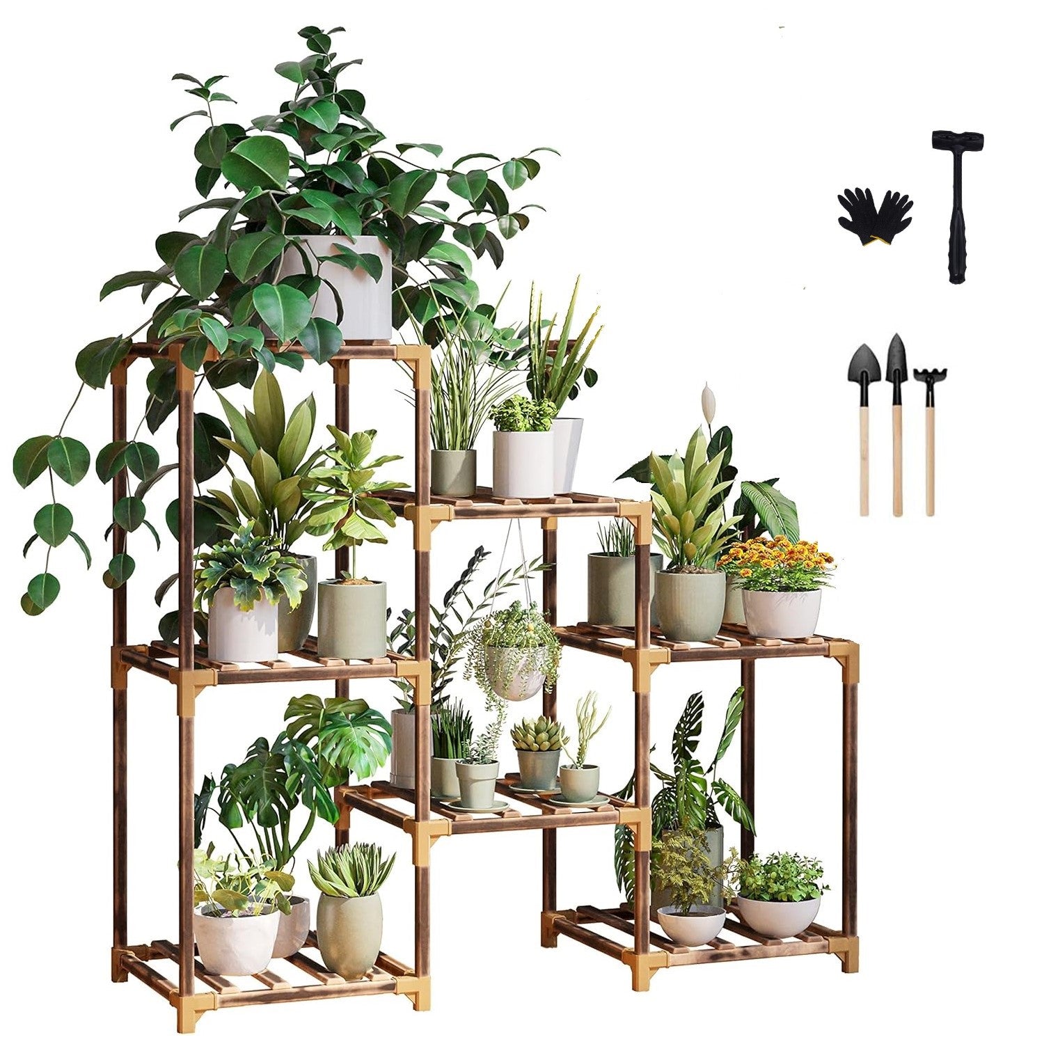 Wood Plant Stand Indoor Outdoor, Wood Plant Shelf with 3 Tier Ladder & 7 Pots, Corner Plant Stand Bn-link