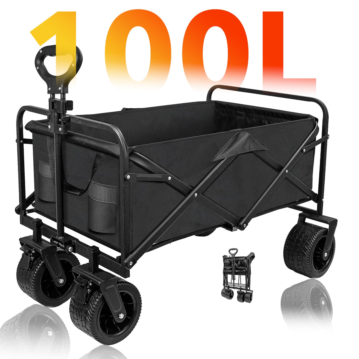 Collapsible Folding Wagon Cart, 330lb Heavy Duty Utility Cart with Silent Universal Wheels & Brake, Garden Cart with Side Pocket Bn-link