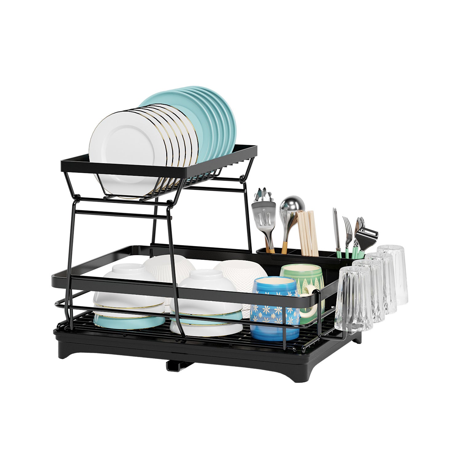 2-Tier Dish Drying Rack Kitchen Counter Dish Drainer with Utensils Holder Bn-link