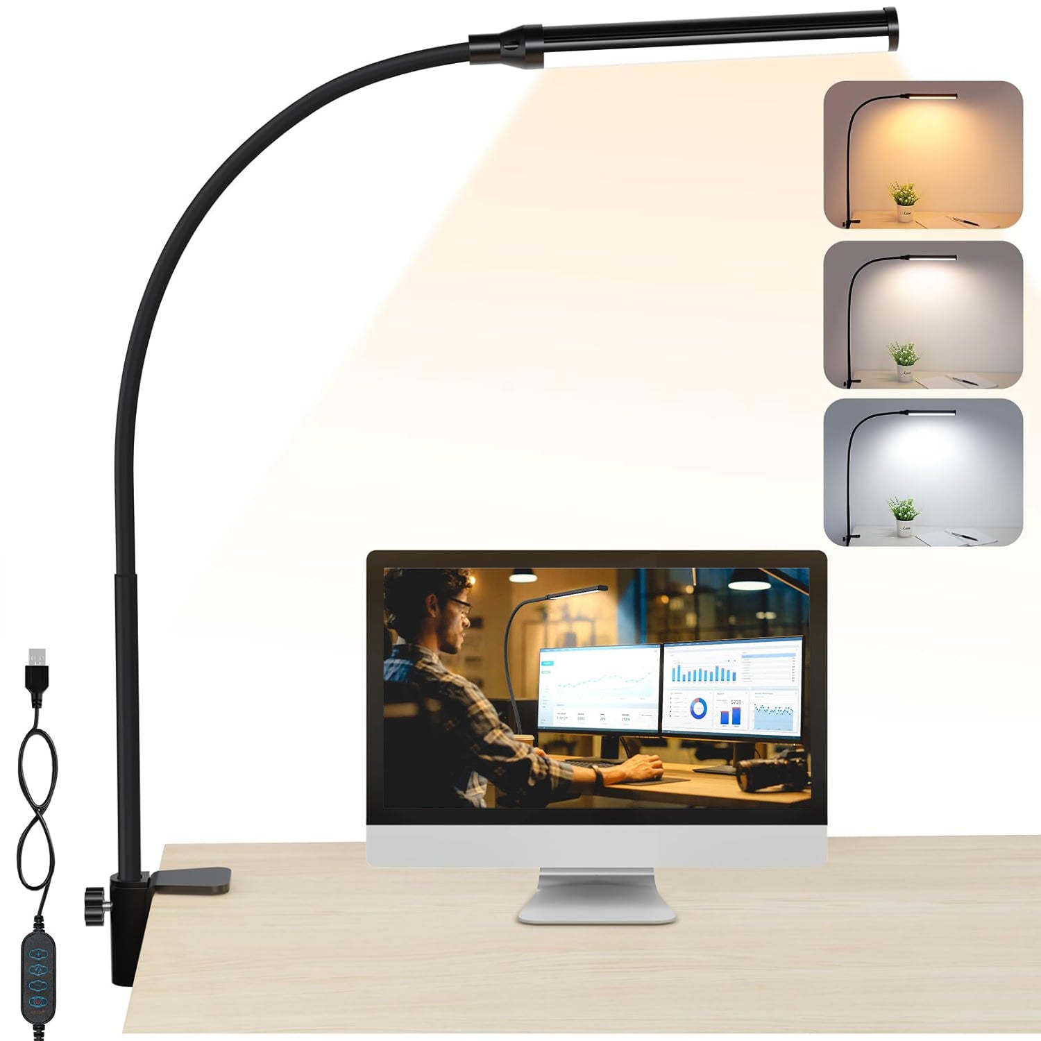 LED Desk Lamp with Clamp, Clamp Light with 3 Color Modes & 10 Brightness, Long Flexible Gooseneck Bn-link