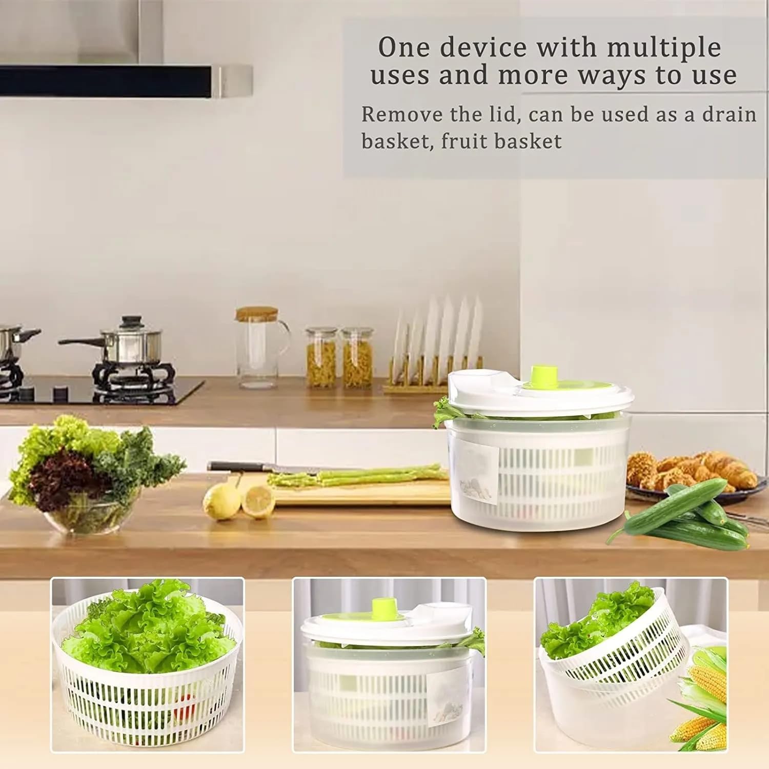 3L Salad Spinner with Drain, Quick and Easy Multi-Use Lettuce Spinner, Vegetable Dryer, Fruit Washer Bn-link