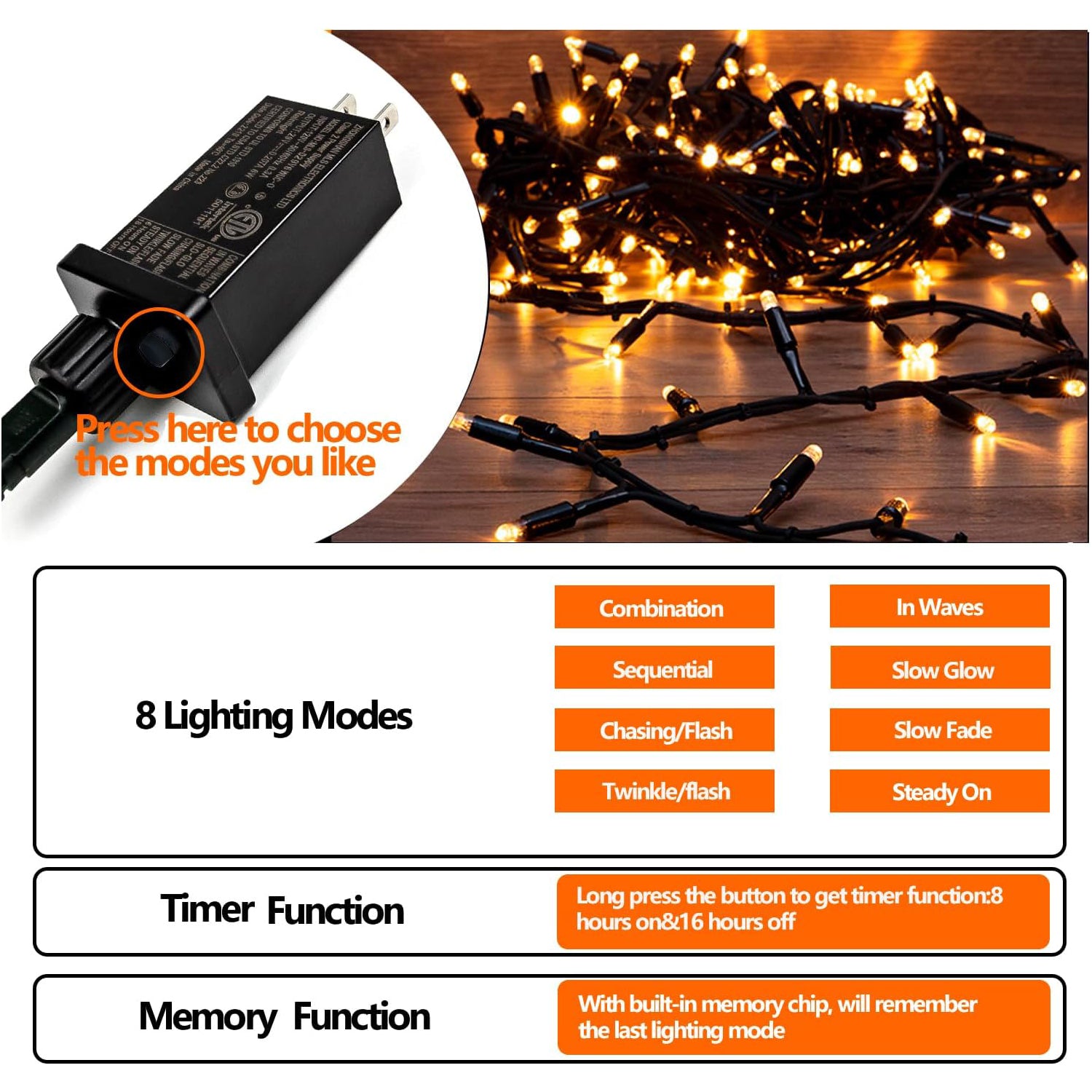 99FT 300 LED Waterproof String Lights, Plug-in Outdoor/Indoor Christmas Tree Lights with 8 Modes Bn-link