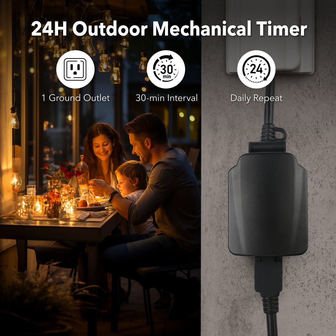 BN-LINK Outdoor Timer with Photocell Light Sensor Waterproof Outdoor 24 Hour Countdown Timer(2, 4, 6 or 8 Hours Mode), 3 Grounded Outlets for Home