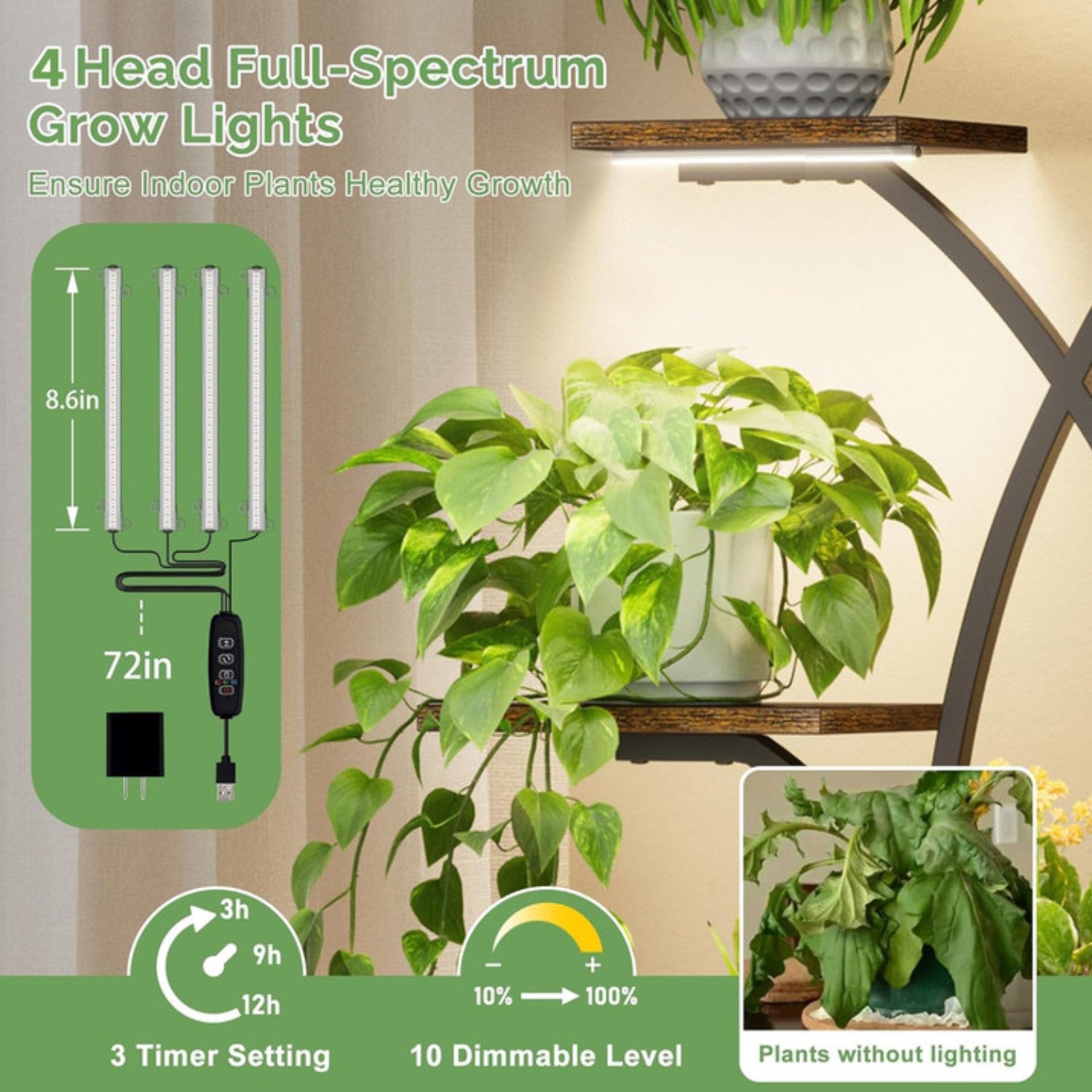 Plant Stand with Adjustable Grow Lights, 7 Tiered Indoor Metal Plant Shelf, 66" Tall Plant Flower Holder Bn-link