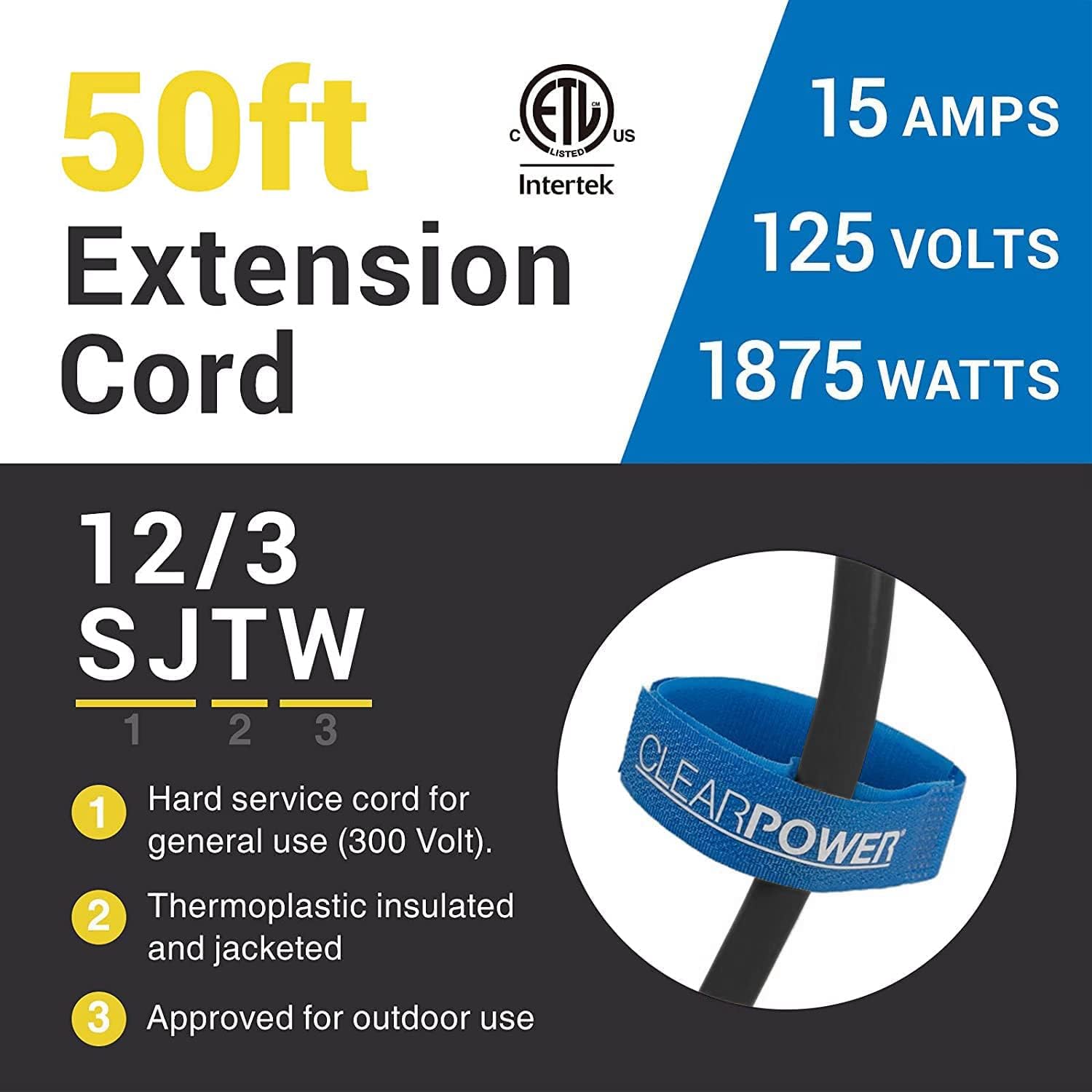 Clear Power 50 ft Heavy Duty Outdoor Extension Cord 12/3 SJTW 3 Prong Grounded Plug DCOC-1145-DC