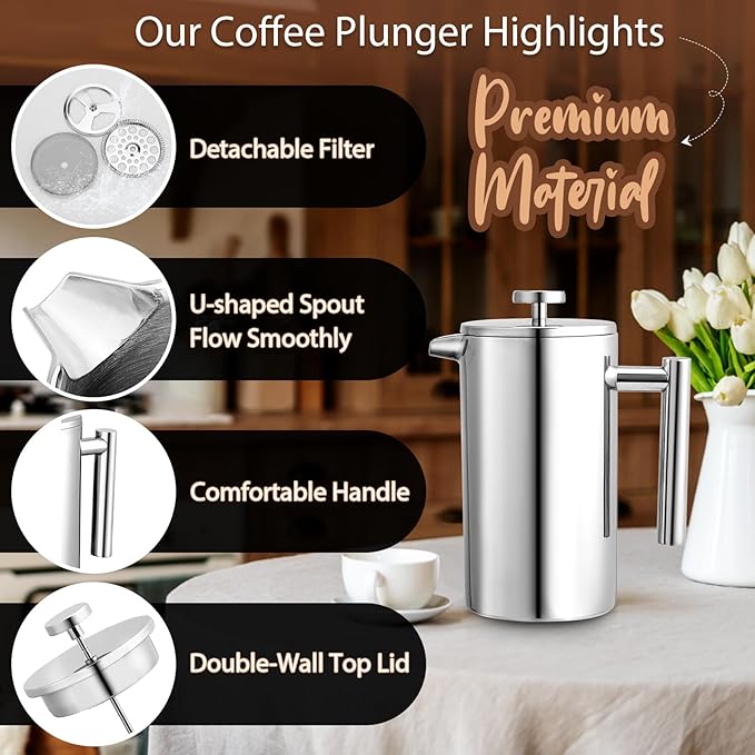 French Press Coffee Maker, 27oz/34oz Stainless Steel French Press Coffee Maker, 3 Filtration &  Double Wall Insulation Bn-link