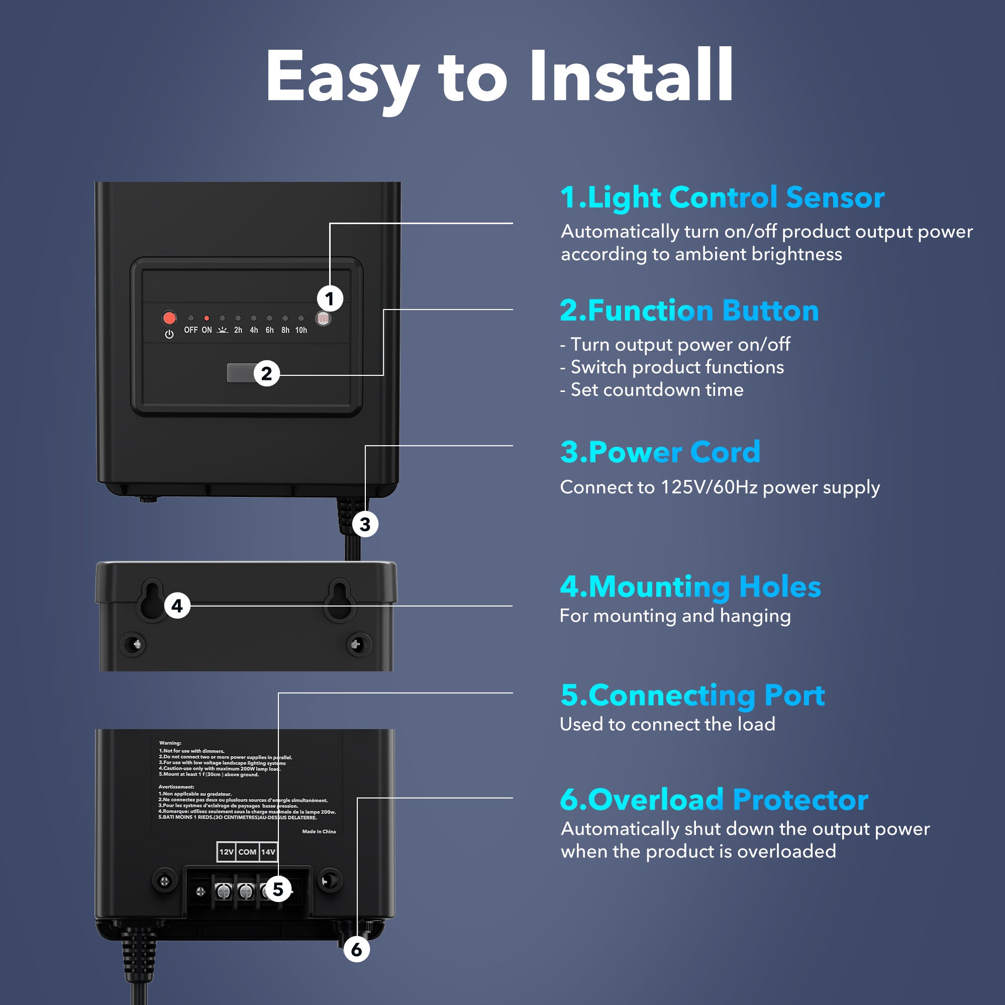 Bn-link 200W Weatherproof Outdoor Transformer for Low Voltage Landscape Lighting, with Timer and Photocell Sensor, 120V AC to 12V AC