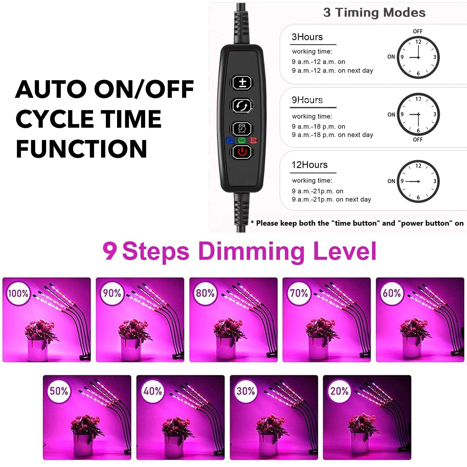 LED Grow Lights for Indoor Plants, Grow Light Full Spectrum Auto ON/Off with 3/9/12H Timer, 9 Dimmable Brightness Clip On Plant Grow Light Bn-link