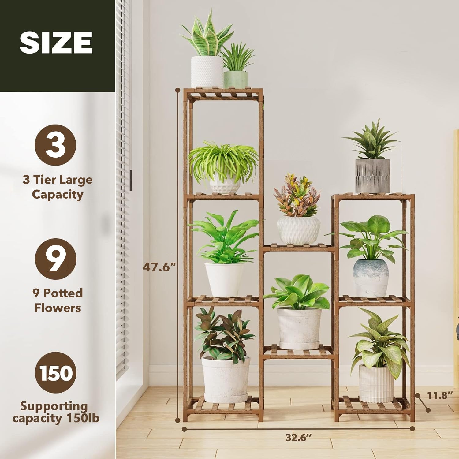 Wood Plant Stand Indoor Outdoor, Wood Plant Shelf with 3 Tier Ladder & 7 Pots, Corner Plant Stand Bn-link