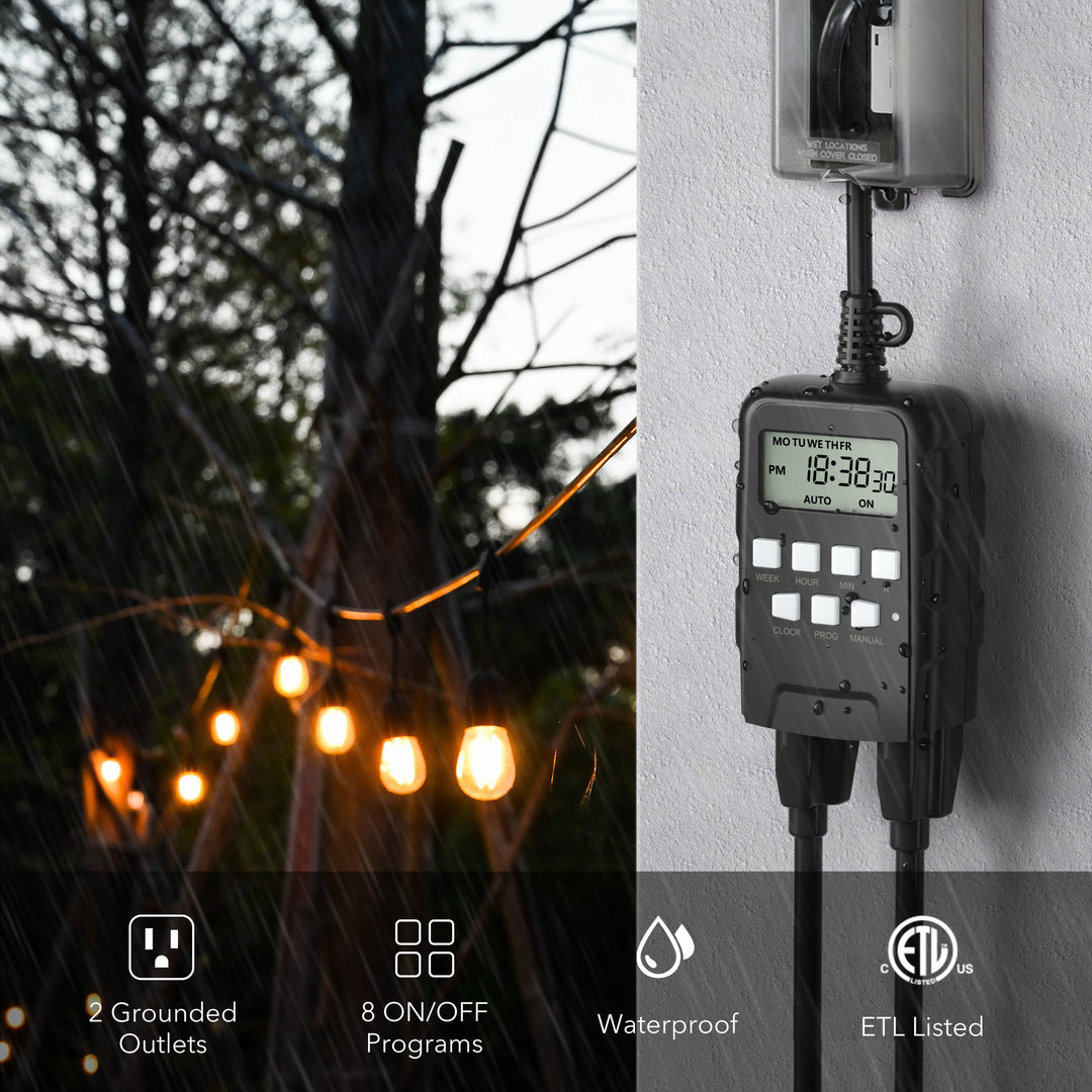 BN-LINK 7 Day Heavy Duty Outdoor Digital Stake Timer, 6 Outlets, Weatherproof, BNC-U3S, Perfect for Outdoor Lights, Sprinklers, Christmas Lights