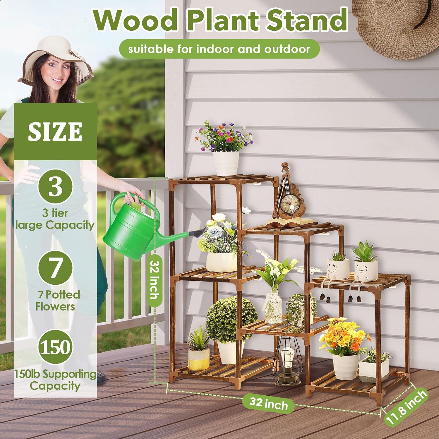 Wood Plant Stand Indoor Outdoor, Wood Plant Shelf with 3 Tier Ladder & 7 Pots, Corner Plant Stand Bn-link