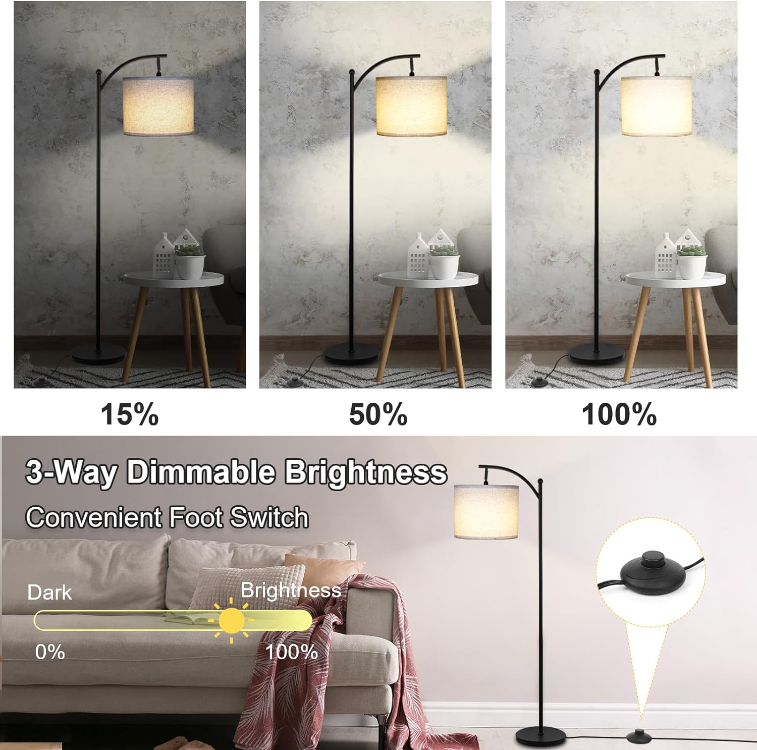 Dimmable Floor Lamp with 3 Color Temperatures, Standing Lamp with Linen Shade & 600 Lumens 9W LED Bulb Included Bn-link