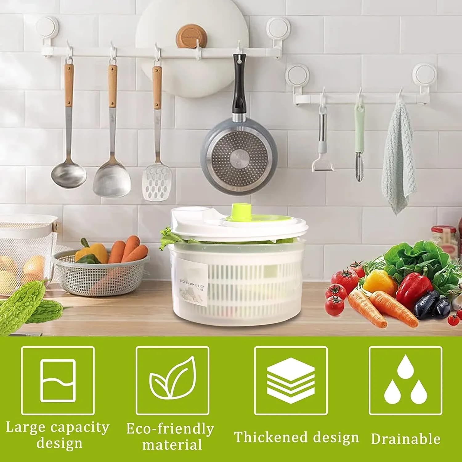 3L Salad Spinner with Drain, Quick and Easy Multi-Use Lettuce Spinner, Vegetable Dryer, Fruit Washer Bn-link