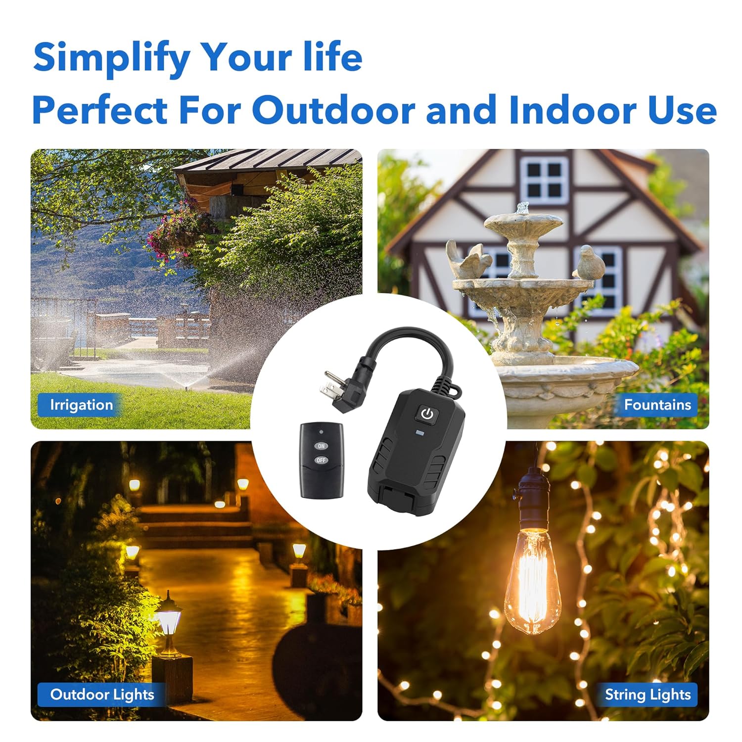 Outdoor Remote Control Outlet Plug Heavy Duty 15A 3-Prong Outlet 6-inch Cord 100Ft Range Battery Included Bn-link