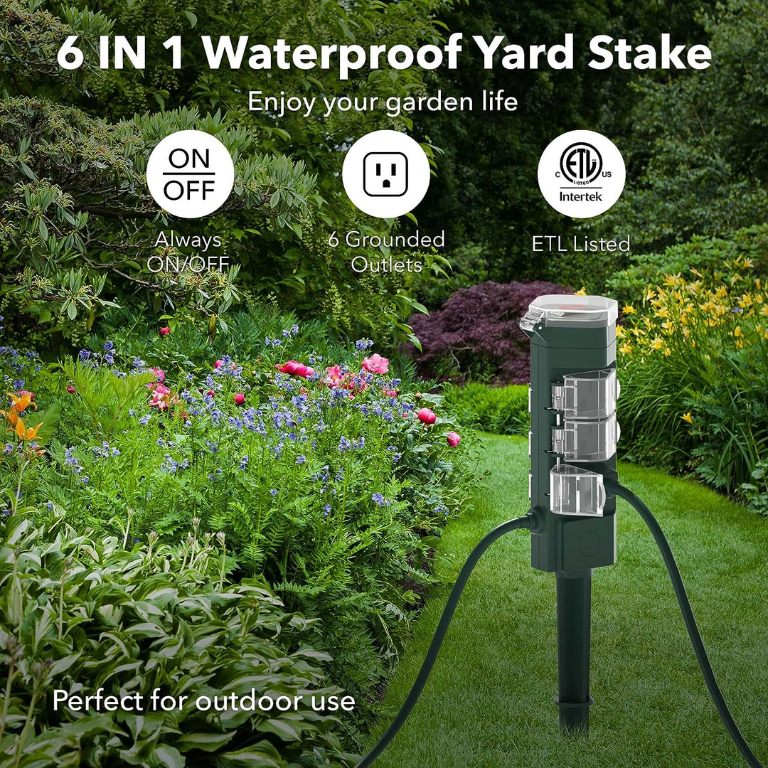 Remote Control Outdoor Power Stake Timer Waterproof Power Strip 6 Grounded Outlets and 6ft Extension Cord BN-LINK