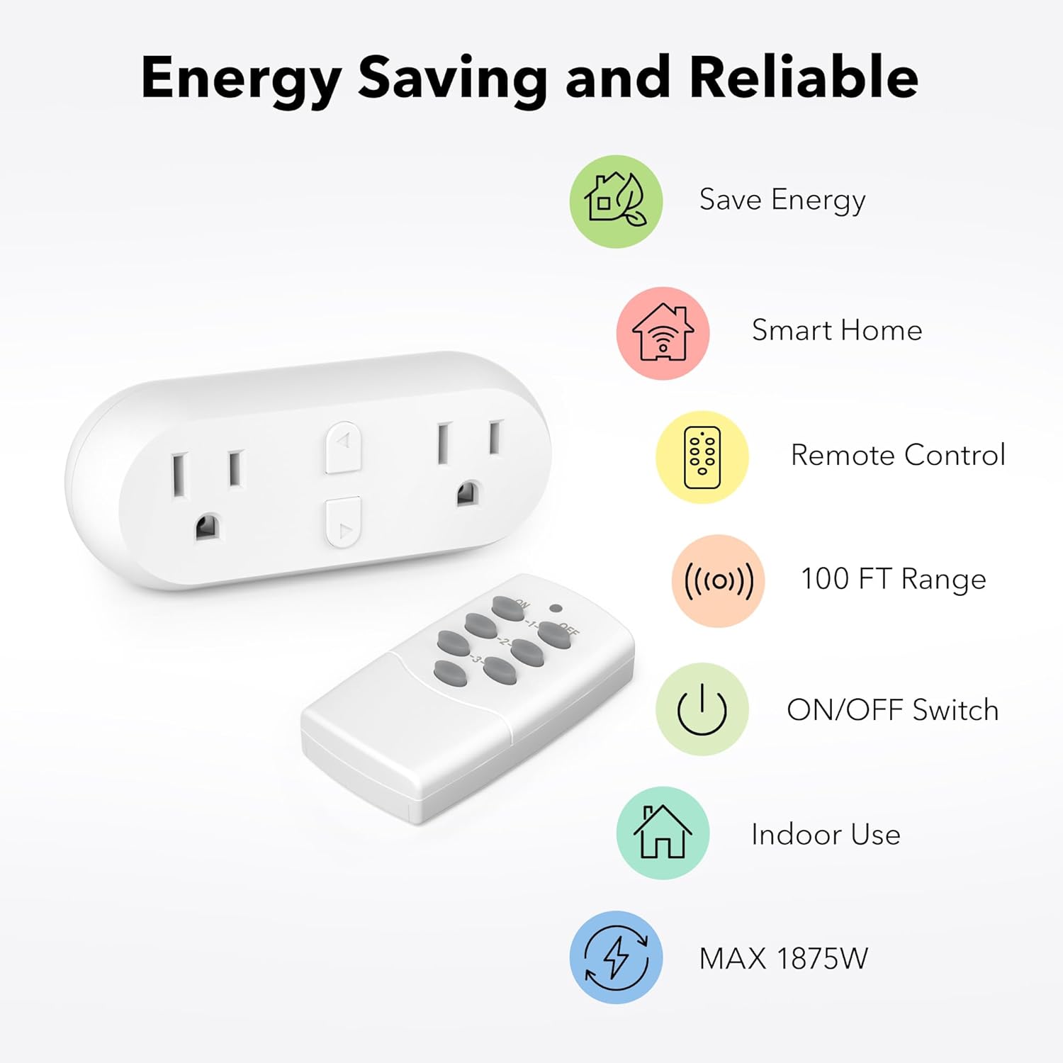 Wireless Remote Control Outlet with 2 Individual Switch Control 100ft Remote Range Battery Included 15A/1875W HBN