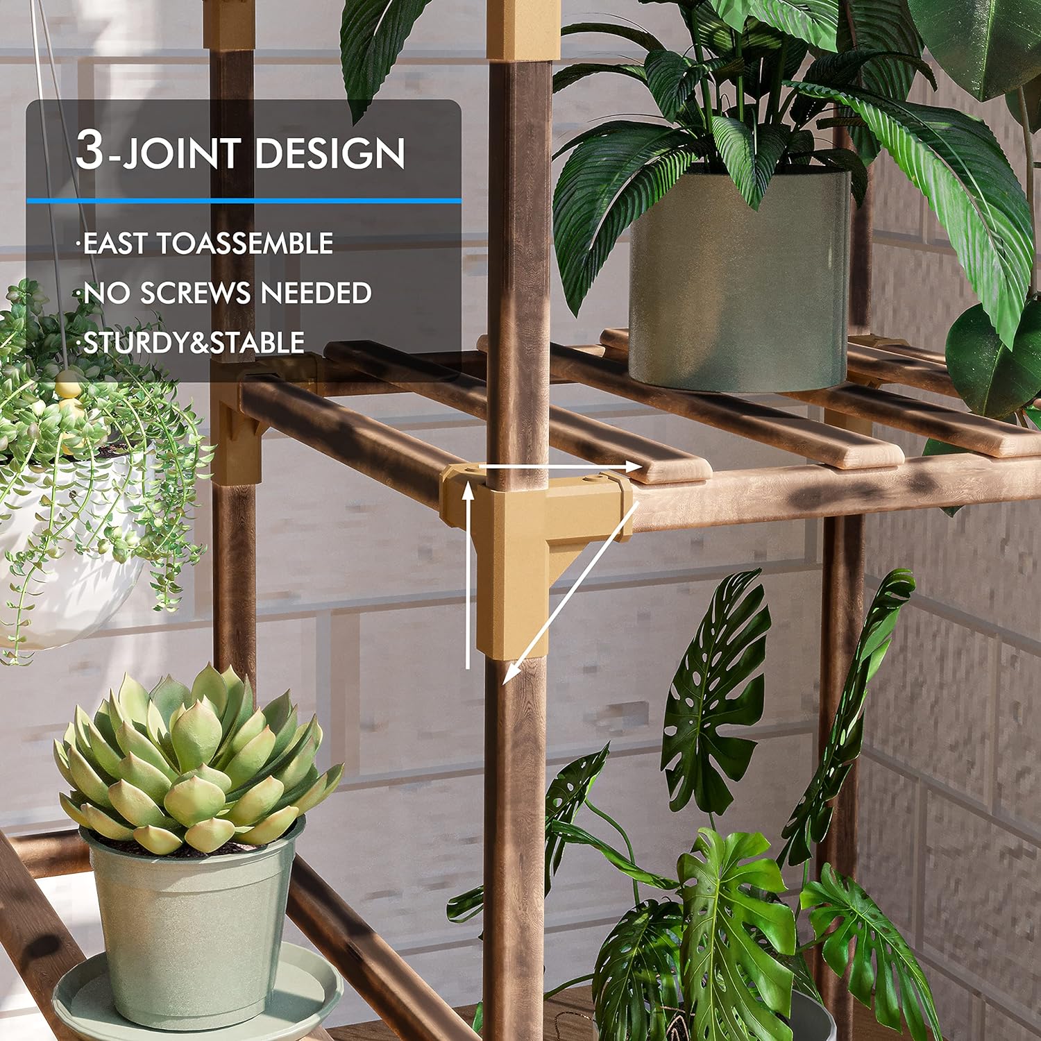 Wood Plant Stand Indoor Outdoor, Wood Plant Shelf with 3 Tier Ladder & 7 Pots, Corner Plant Stand Bn-link