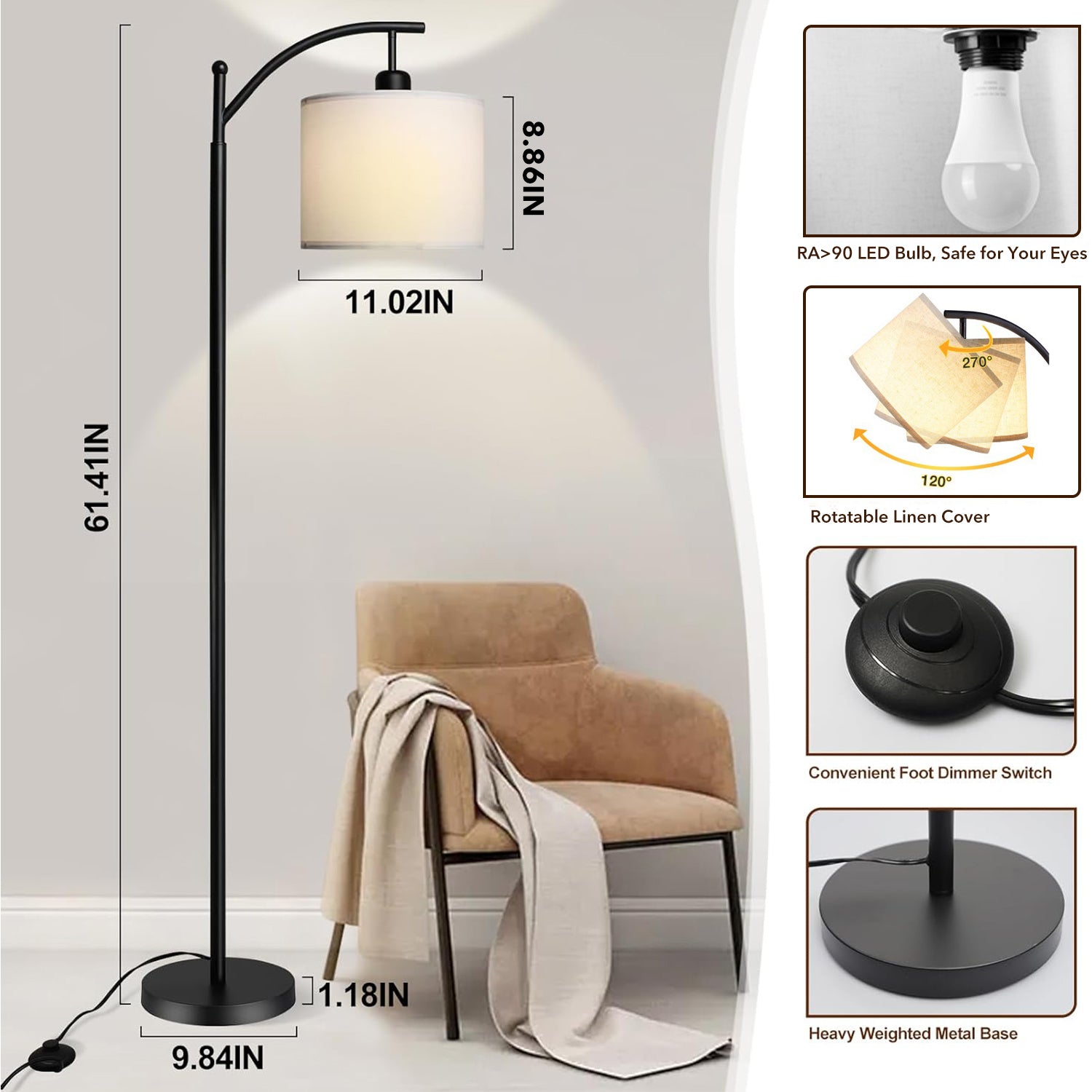 Dimmable Floor Lamp with 3 Color Temperatures, Standing Lamp with Linen Shade & 600 Lumens 9W LED Bulb Included Bn-link