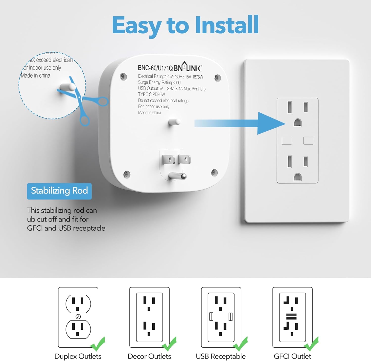 PD 20W USB C Surge Protector Multi Wall Plug Outlet Splitter Extender 3 Outlets with USB C BN-LINK