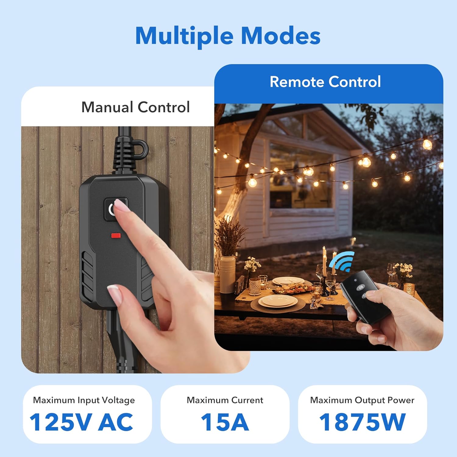 Outdoor Remote Control Outlet Plug Heavy Duty 15A 3-Prong Outlet 6-inch Cord 100Ft Range Battery Included Bn-link