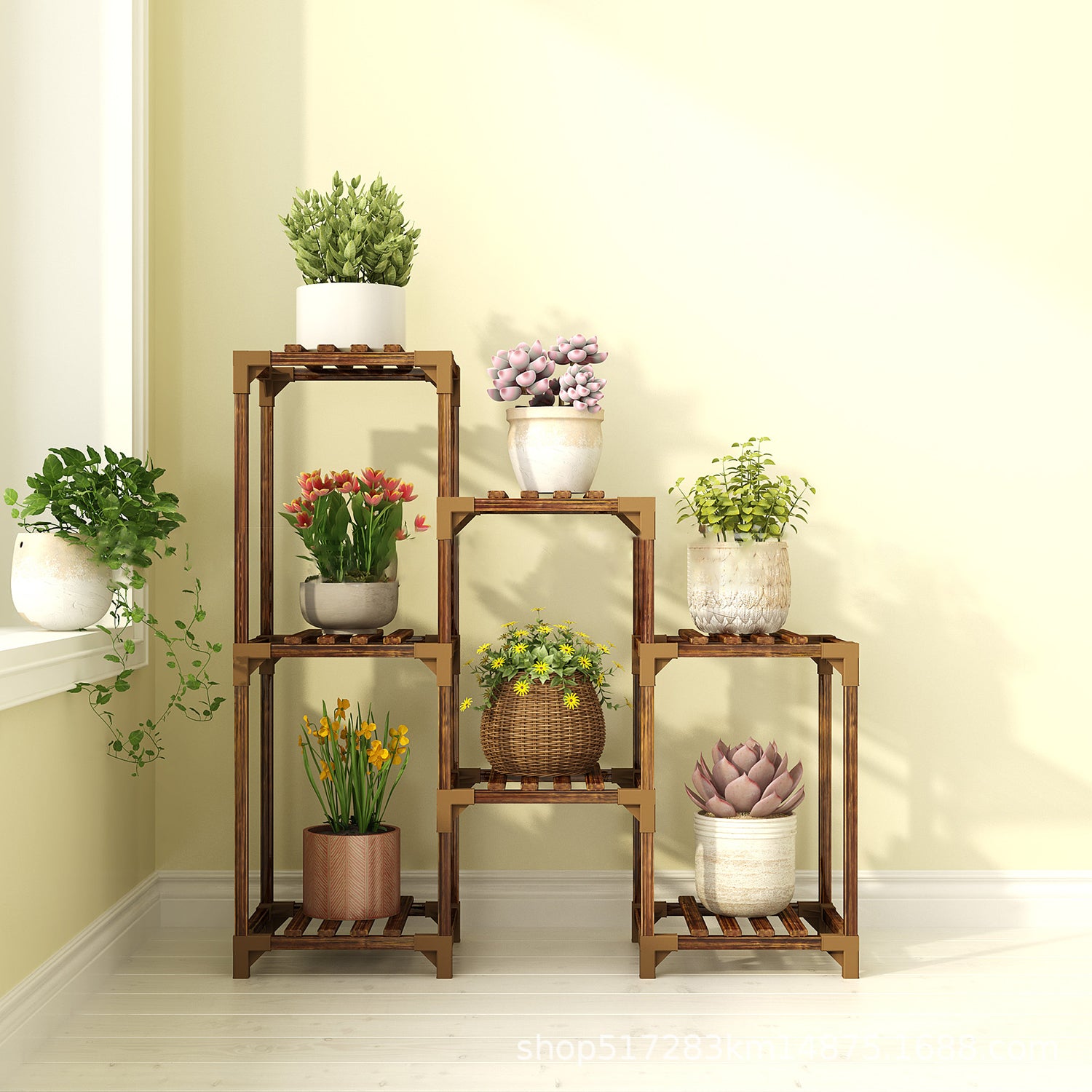 Wood Plant Stand Indoor Outdoor, Wood Plant Shelf with 3 Tier Ladder & 7 Pots, Corner Plant Stand Bn-link