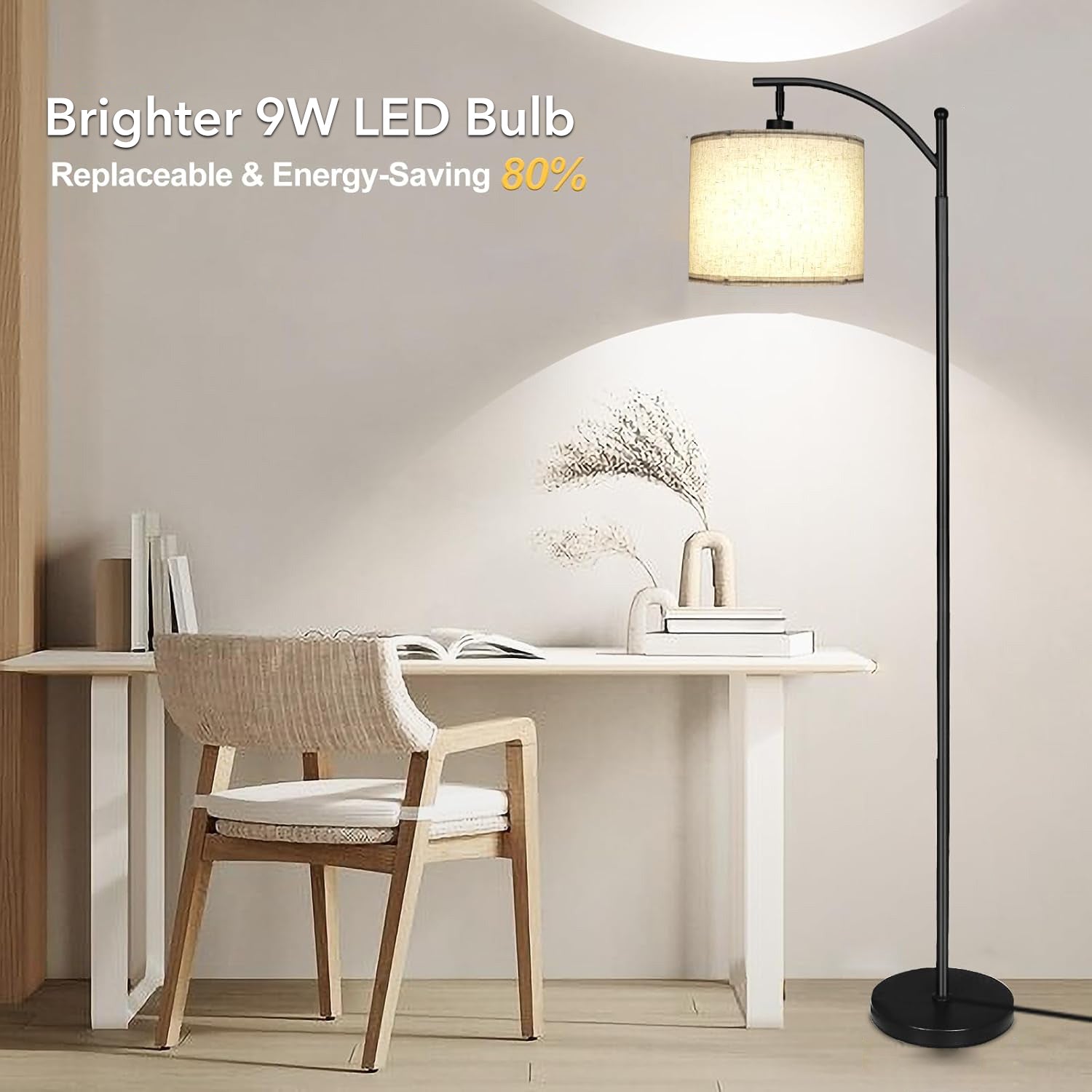 Dimmable Floor Lamp with 3 Color Temperatures, Standing Lamp with Linen Shade & 600 Lumens 9W LED Bulb Included Bn-link