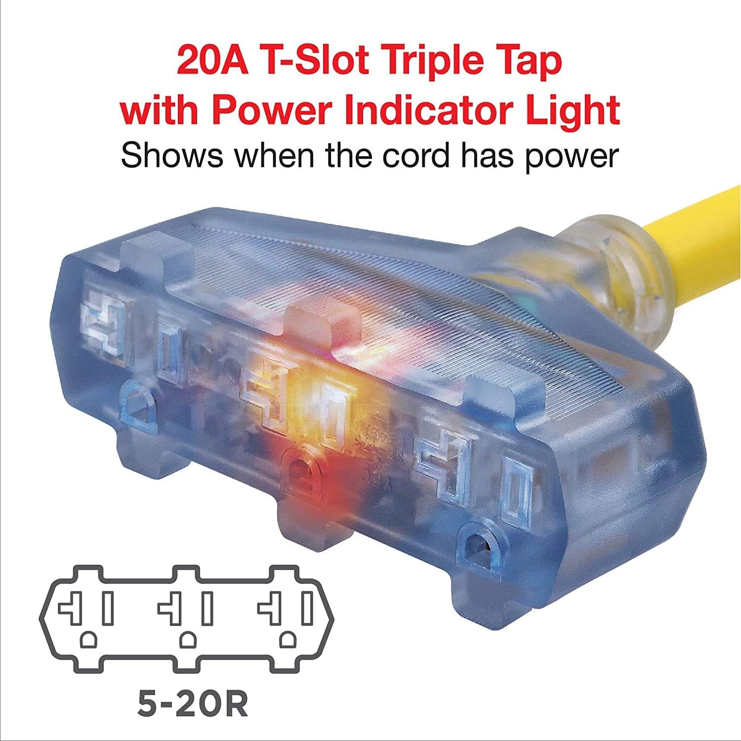 Clear Power Generator Adapter, 20 Amp T-Blade Plug to T-Slot Power Indicator Light 12/3 DCOC-0137-DC