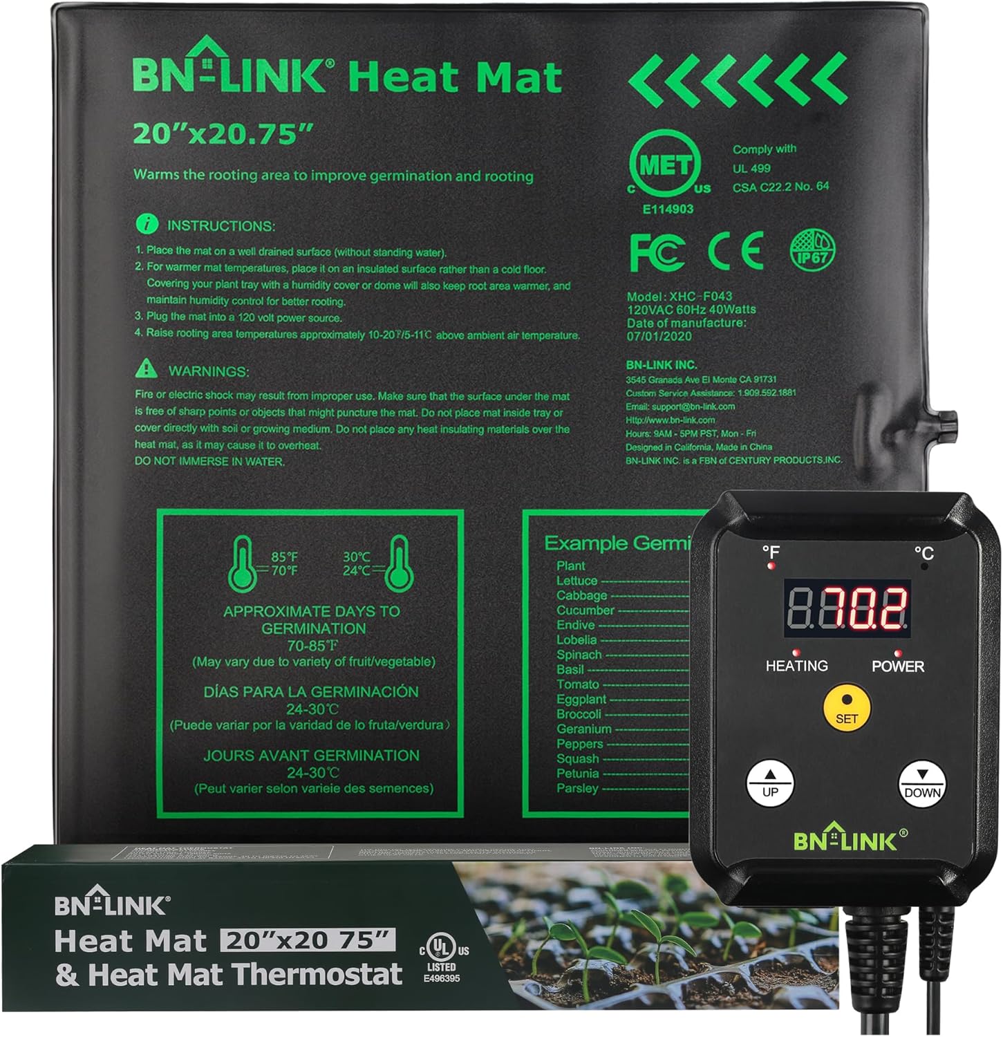 Seedling Heat Mat 20" x 20.75" with Heating Thermostat Outlet Controller BN-LINK