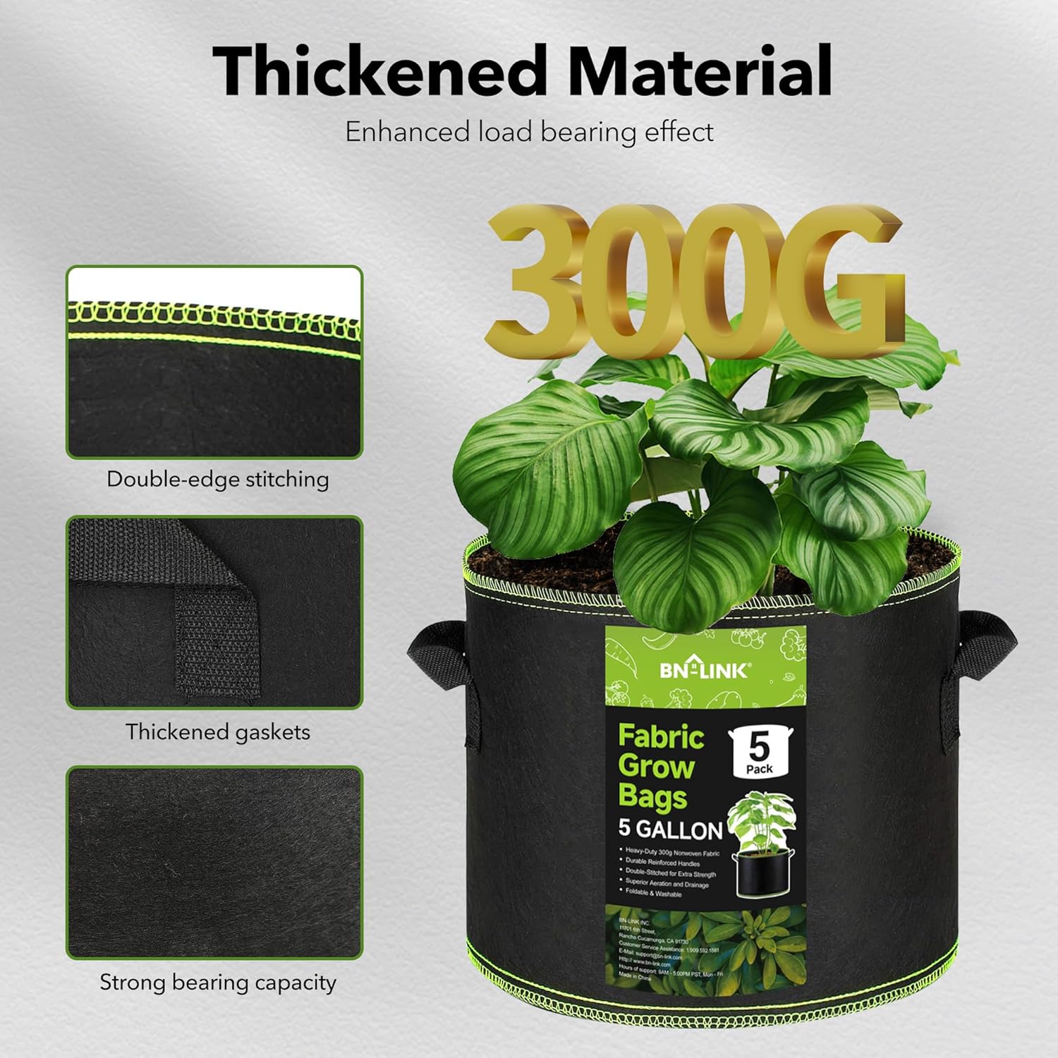 5-Pack 5 Gallon Grow Bags Heavy Duty 300G Thickened Nonwoven Plant Fabric Pots with Handles Bn-link