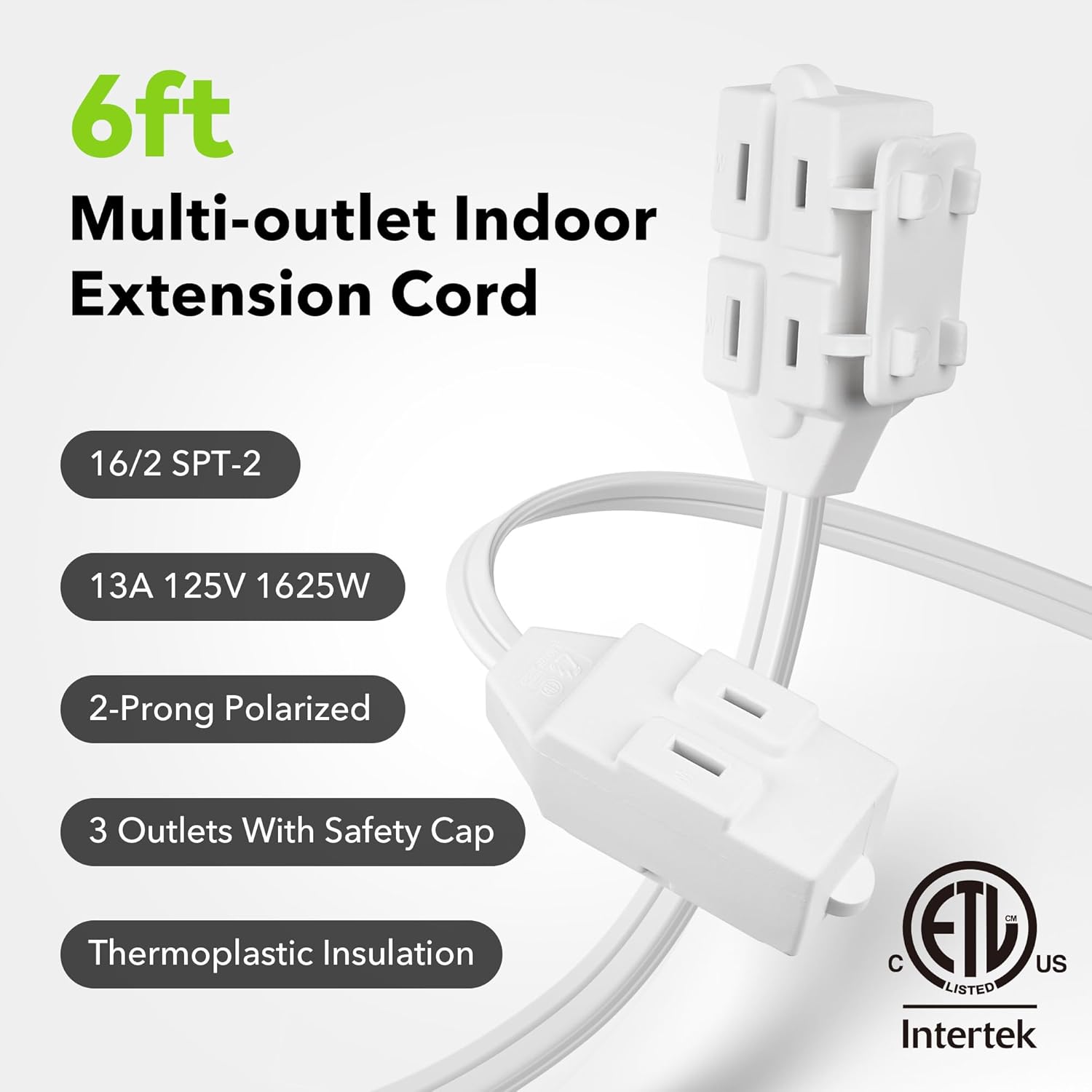 2 Pack 6 ft 3 Outlet Indoor Extension Cord 16/2 SPT-2, 2 Pack White, 2 Prong Polarized Plug Bn-link