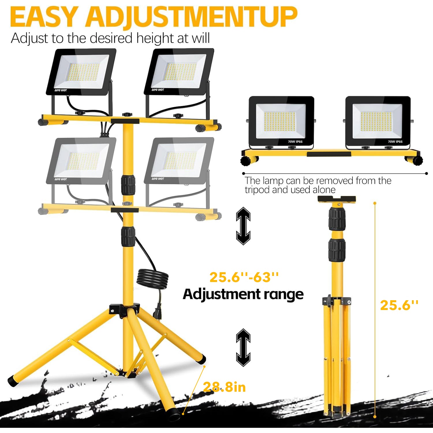 LED Work Lights with Stand, 3 Adjustable Head LED Work Light with Foldable Tripod Stand, Waterproof Lamp with Individual Switch for Outdoor Indoor Bn-link