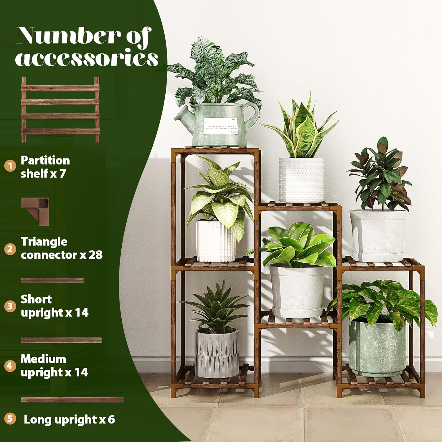 Wood Plant Stand Indoor Outdoor, Wood Plant Shelf with 3 Tier Ladder & 7 Pots, Corner Plant Stand Bn-link