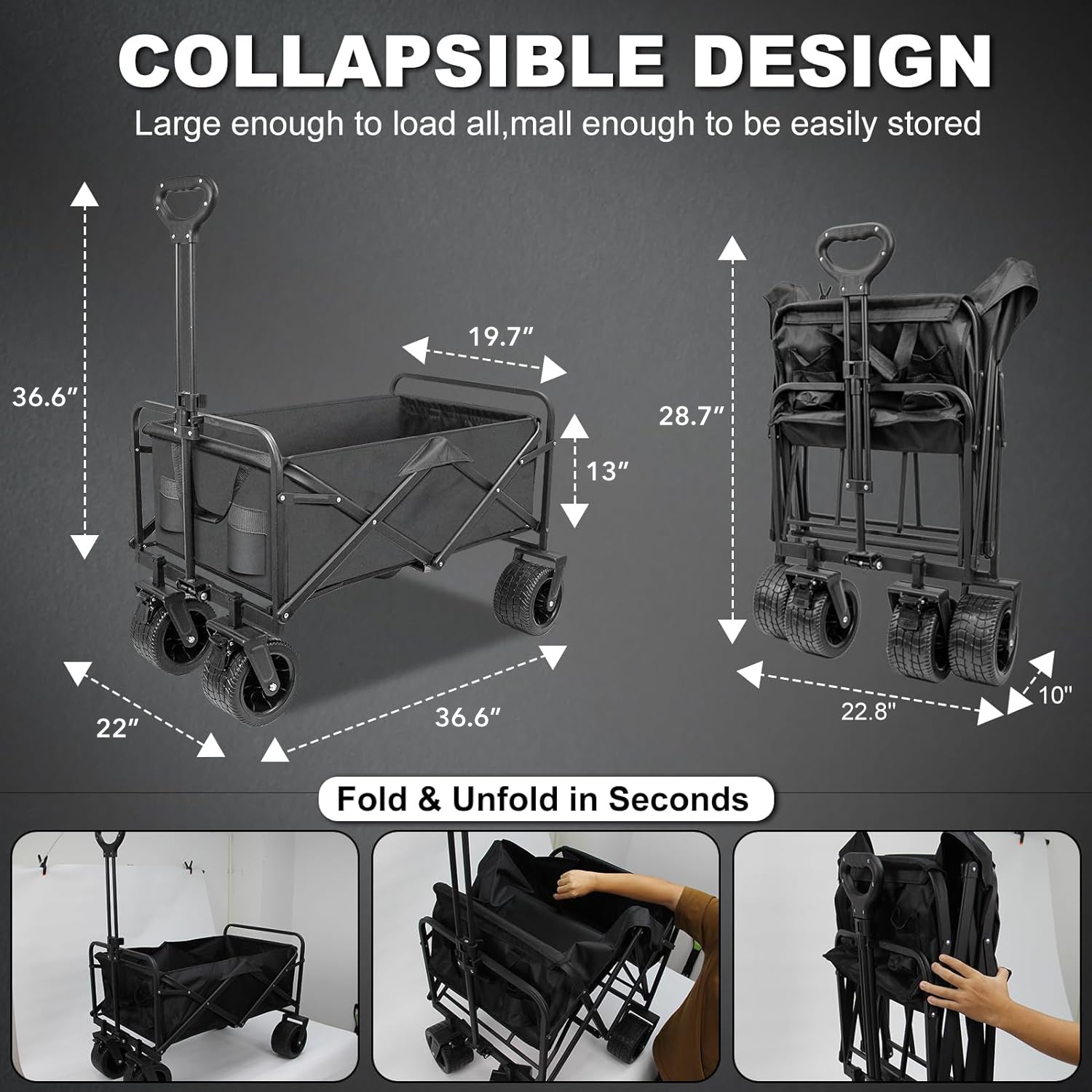 Collapsible Folding Wagon Cart, 330lb Heavy Duty Utility Cart with Silent Universal Wheels & Brake, Garden Cart with Side Pocket Bn-link