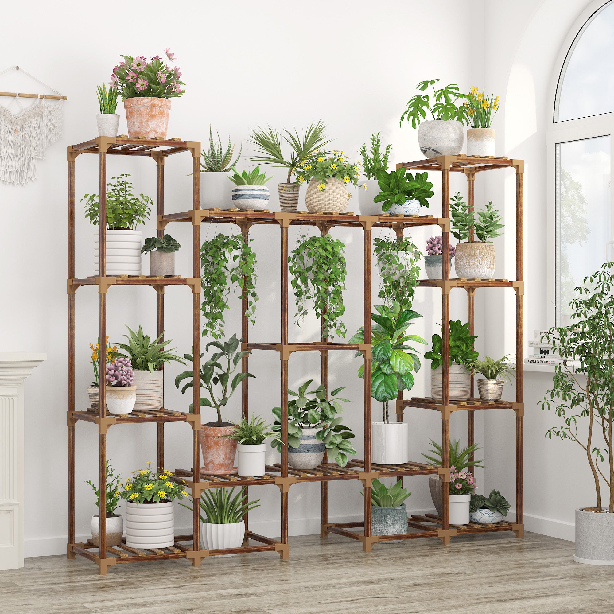 Wood Plant Stand Indoor Outdoor, Wood Plant Shelf with 3 Tier Ladder & 7 Pots, Corner Plant Stand Bn-link