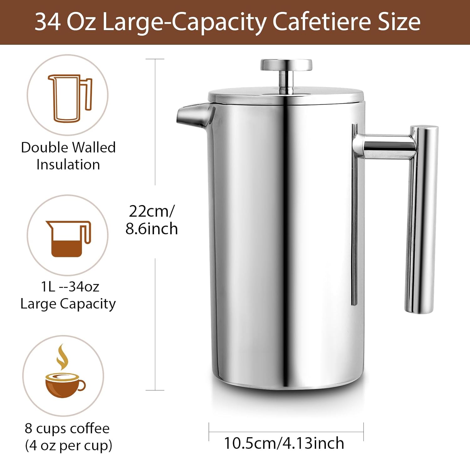 French Press Coffee Maker, 27oz/34oz Stainless Steel French Press Coffee Maker, 3 Filtration &  Double Wall Insulation Bn-link