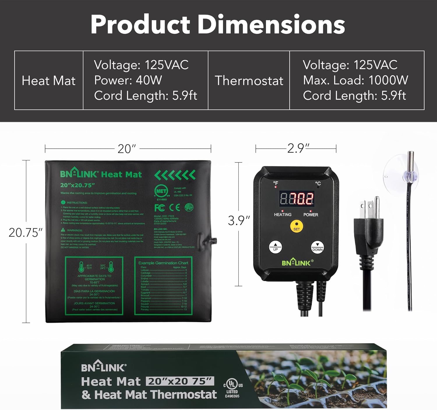 Seedling Heat Mat 20" x 20.75" with Heating Thermostat Outlet Controller BN-LINK