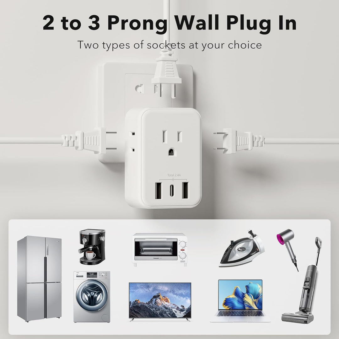 BN-LINK Multi Plug Outlet Extender with USB C, 3 Outlets Surge Protector with Type C Port Power Outlet Splitter Wall Plug 600J Charging Adapter for