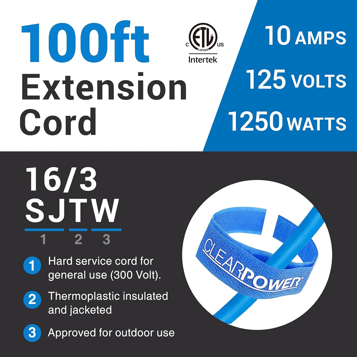 Clear Power 100 ft Outdoor Extension Cord Lighted End 16/3 SJTW, 3-Prong Grounded Plug DCOC-0075-DC