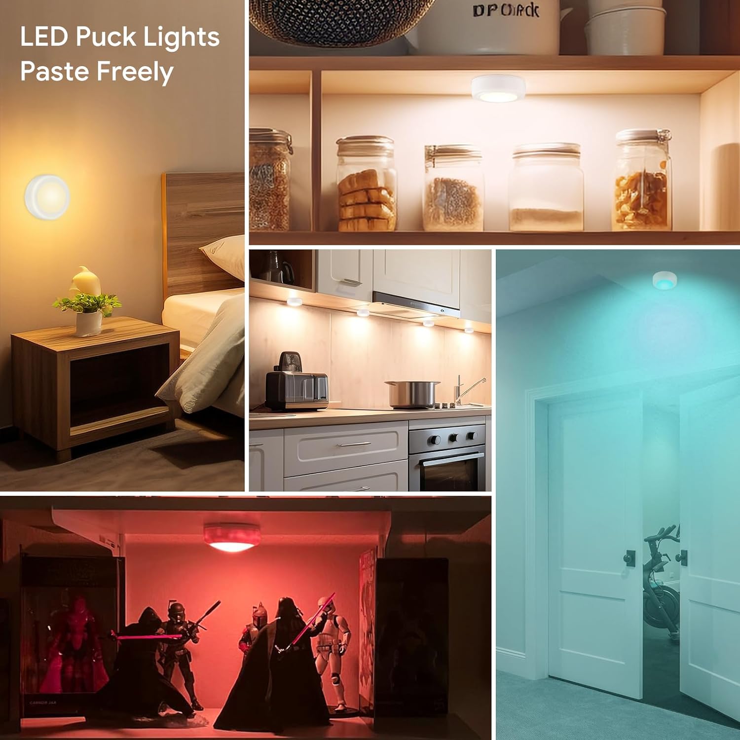 6 Pack LED Cabinet Lights with Remote, Battery Operated Wireless Puck Lights, 3 Colors & 4 Brightness Levels, Tap Push Night Lights Bn-link