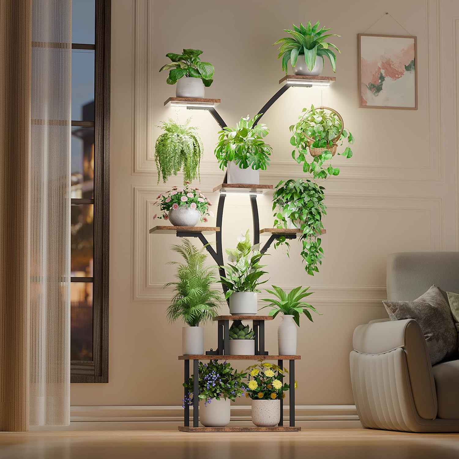 Plant Stand with Adjustable Grow Lights, 7 Tiered Indoor Metal Plant Shelf, 66" Tall Plant Flower Holder Bn-link