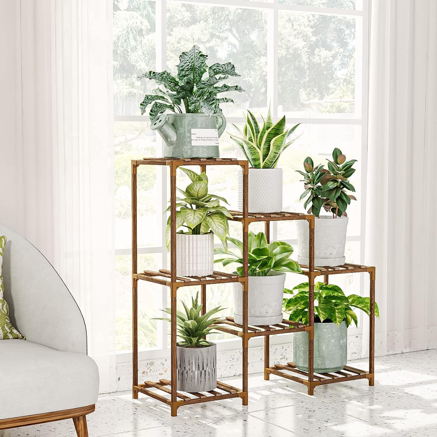 Wood Plant Stand Indoor Outdoor, Wood Plant Shelf with 3 Tier Ladder & 7 Pots, Corner Plant Stand Bn-link