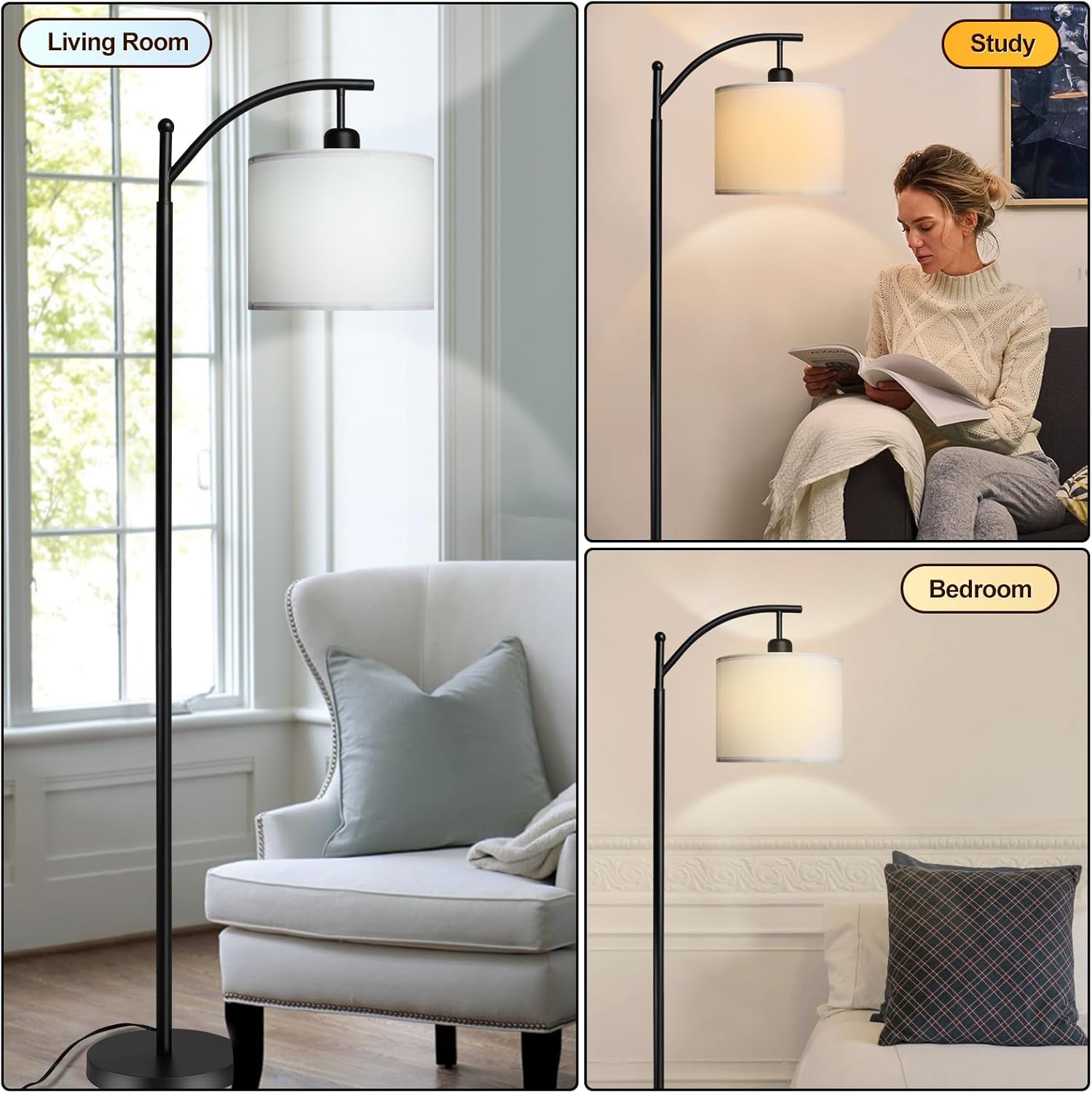 Dimmable Floor Lamp with 3 Color Temperatures, Standing Lamp with Linen Shade & 600 Lumens 9W LED Bulb Included Bn-link