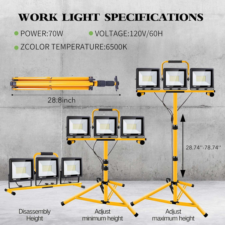 LED Work Lights with Stand, 3 Adjustable Head LED Work Light with Foldable Tripod Stand, Waterproof Lamp with Individual Switch for Outdoor Indoor Bn-link